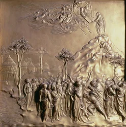 Moses modtager lovens tavler, et af ti reliefpaneler fra Paradisets porte (østlige døre), 1425-52 (forgyldt bronze) (se også 87652-57 og 87659-67)